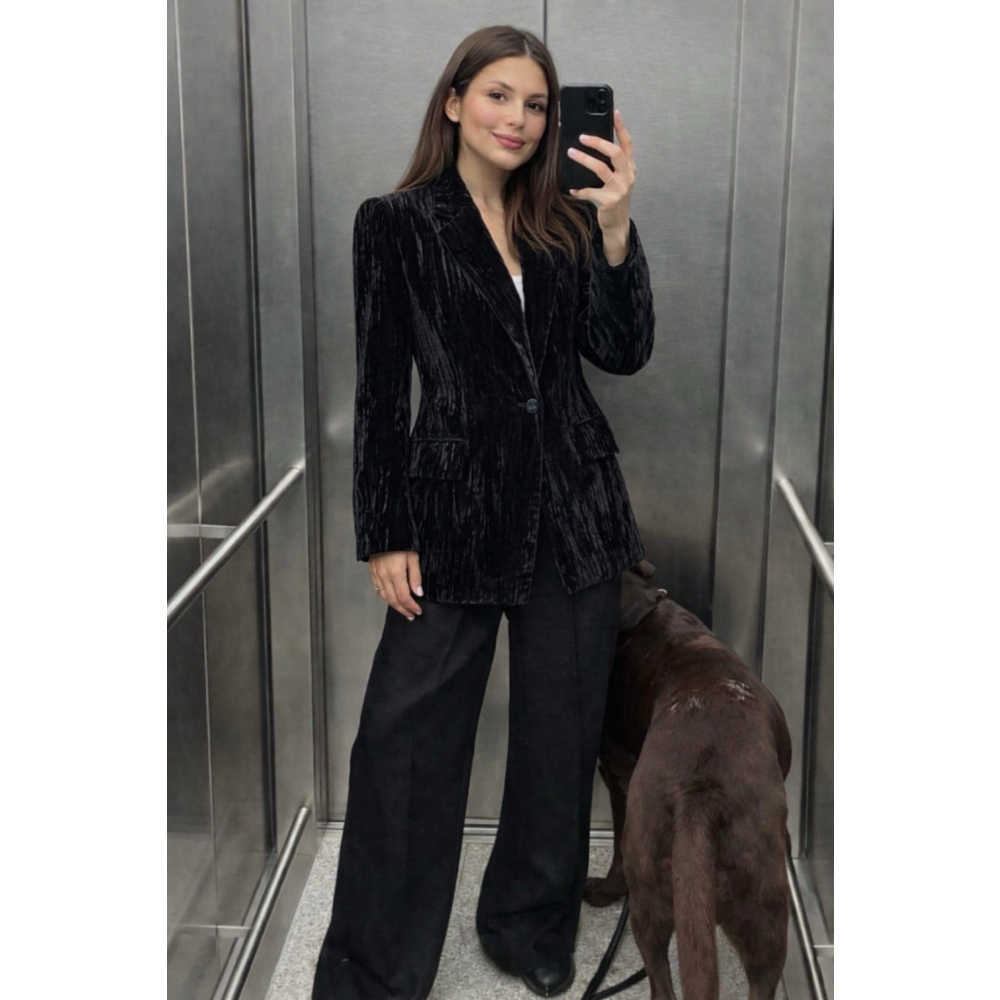 The Drop Women's Blake Long Blazer, Black Java Velvet Size S